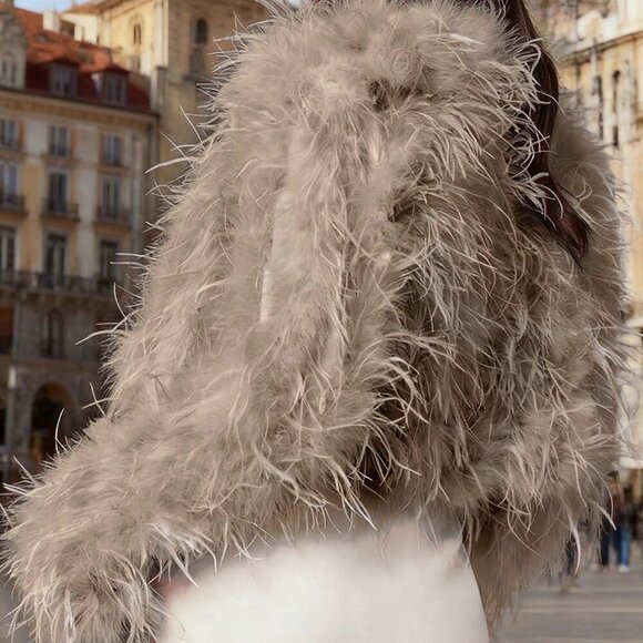 Light Brown Casual Women's Crew Neck Long Haired Coat - Picture 4 of 4